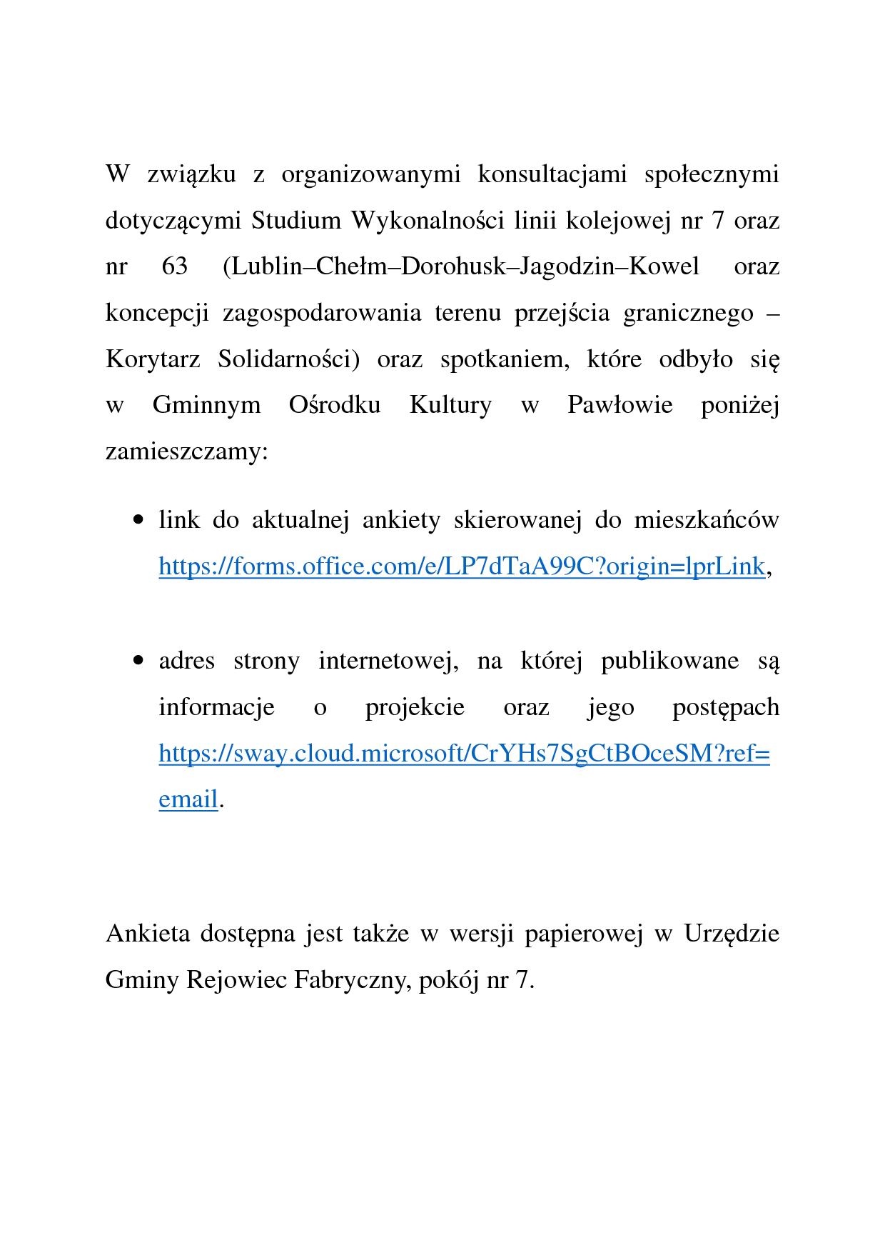 W zwizku z organizowanymi konsultacjami spoecznymi dotyczcymi Studium Wykonalnoci linii kolejowej nr 7 oraz nr 631